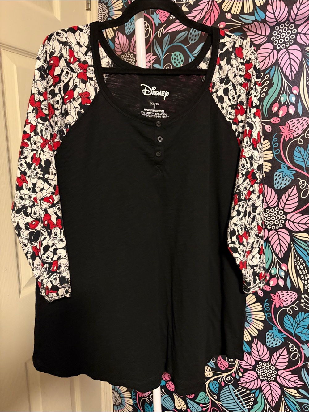 Disney Black Top with Red & White Mickey Print Sleeves